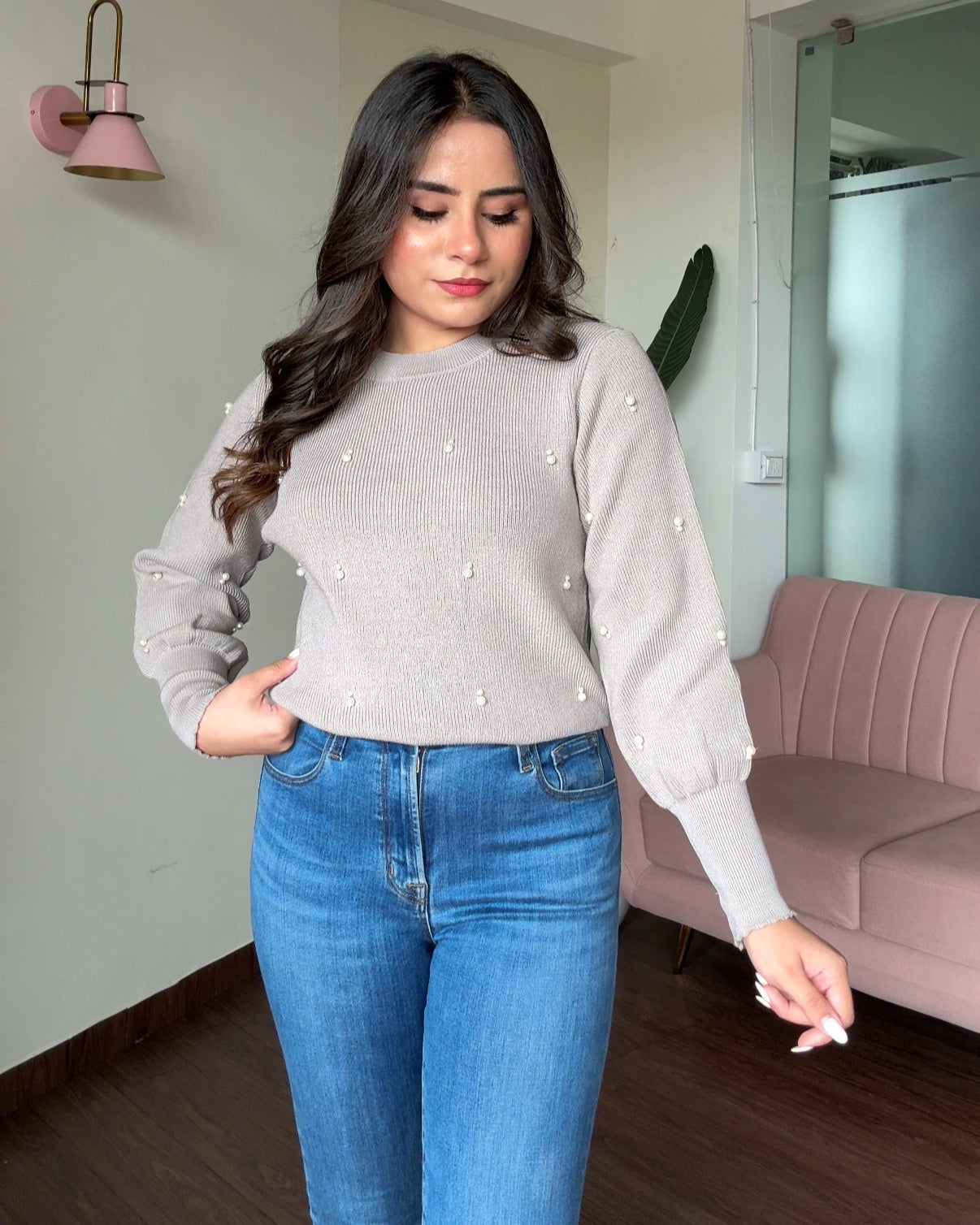 Pearl Scattered Embellished Puff Sleeve Sweater Top