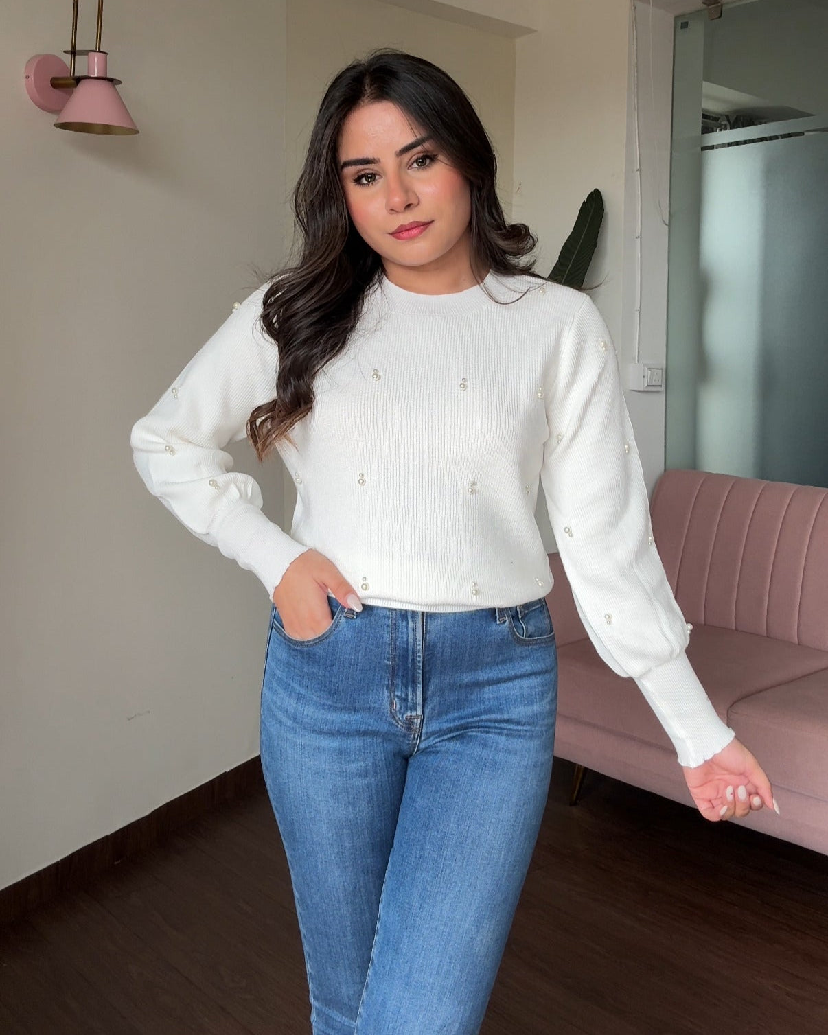 Pearl Scattered Embellished Puff Sleeve Sweater Top