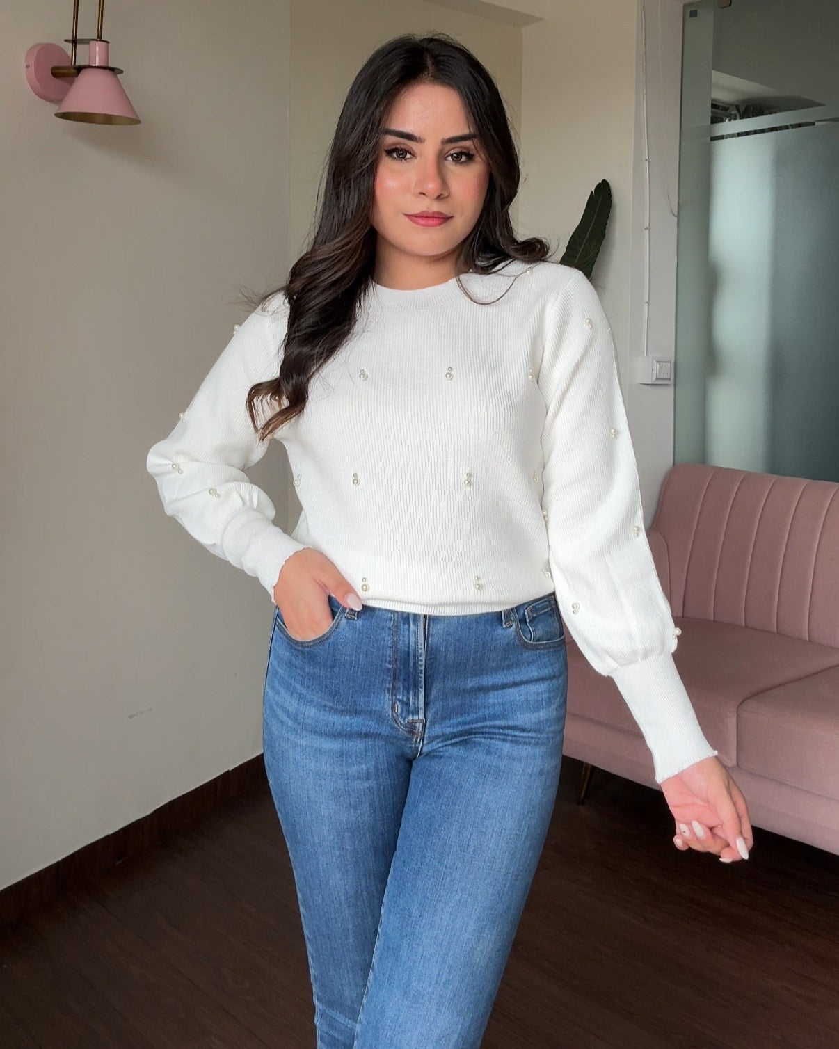 Pearl Scattered Embellished Puff Sleeve Sweater Top