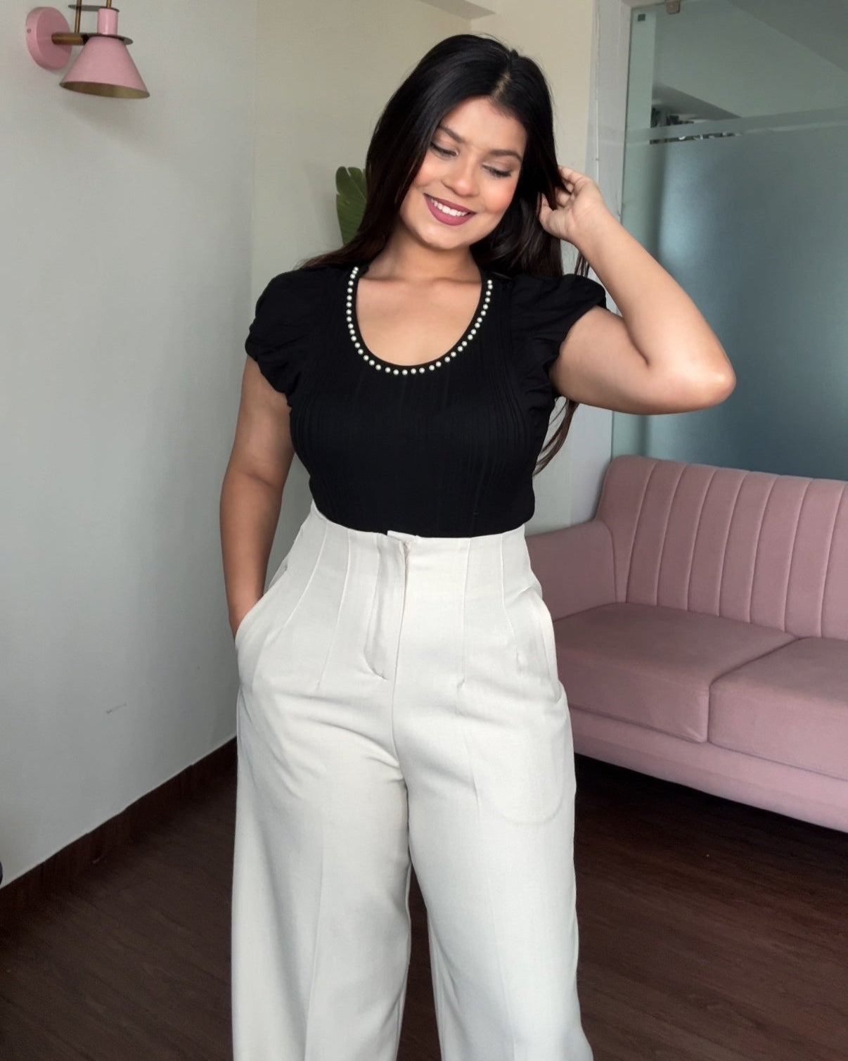 Pearl Studded Round Neck Top