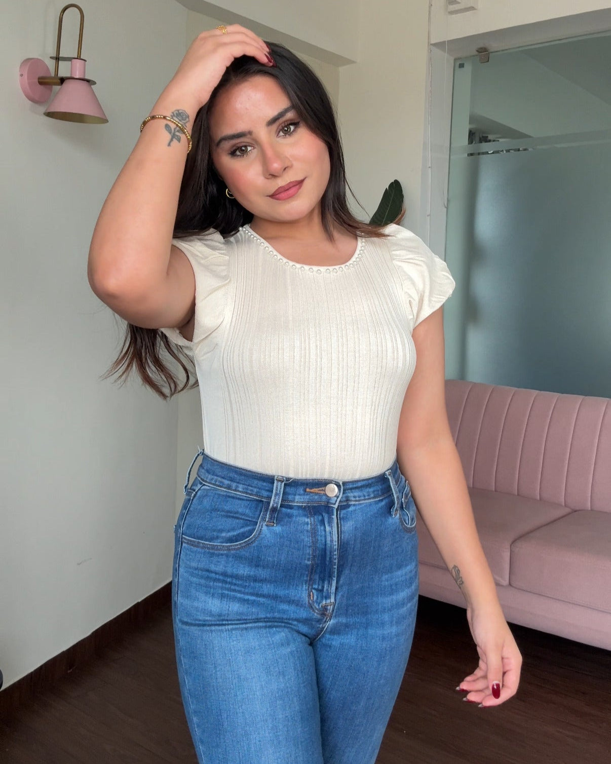 Pearl Studded Round Neck Top