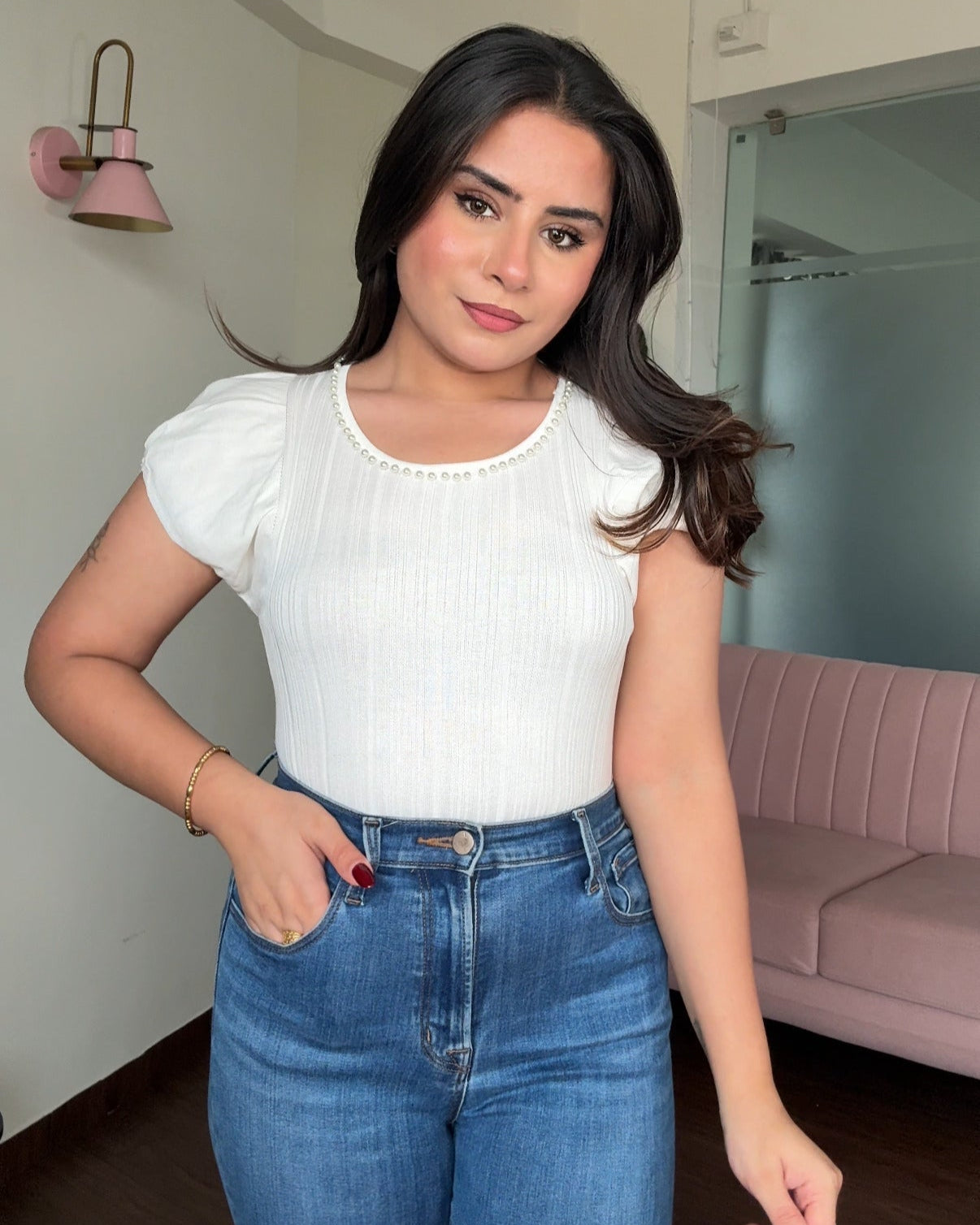 Pearl Studded Round Neck Top