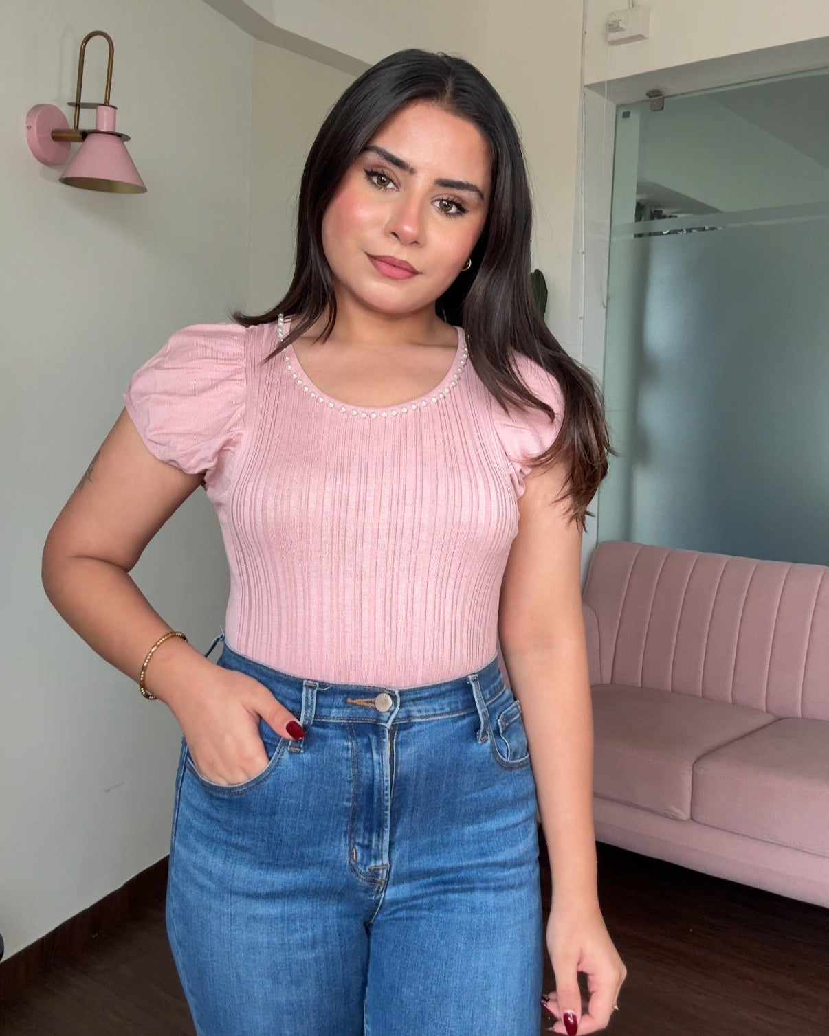 Pearl Studded Round Neck Top