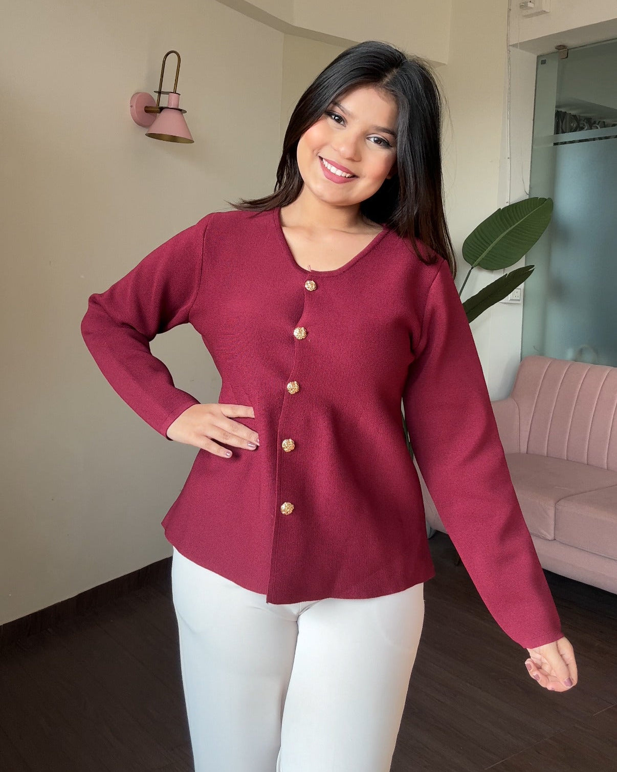 Peplum Round Neck Full Sleeve Golden Button Detailing Top
