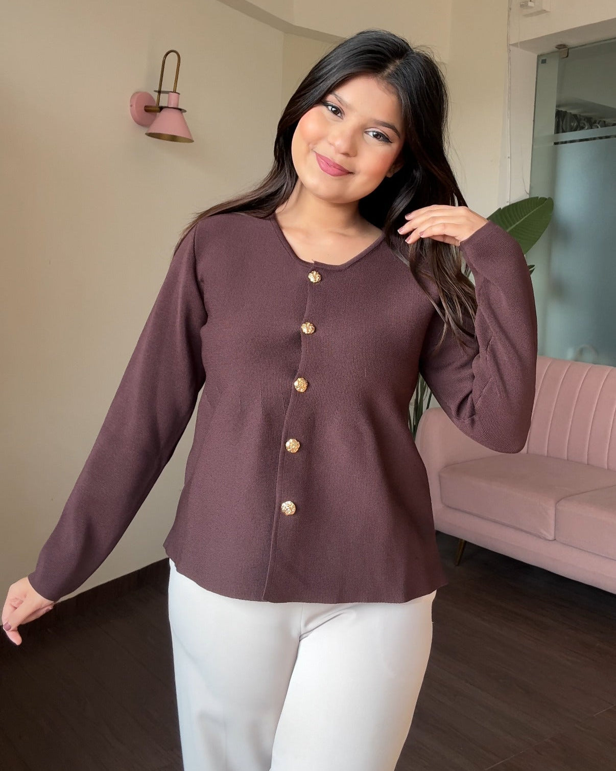 Peplum Round Neck Full Sleeve Golden Button Detailing Top