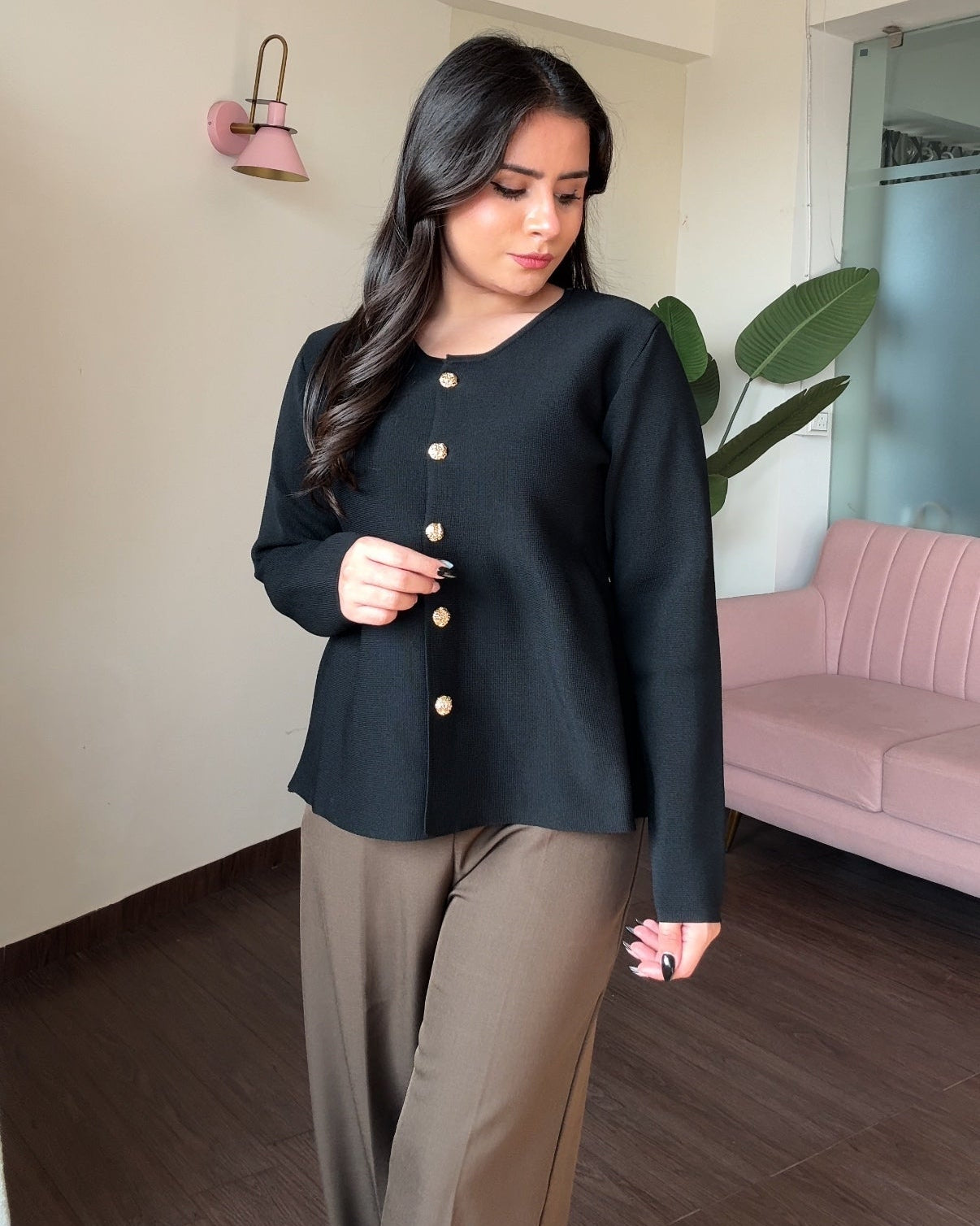 Peplum Round Neck Full Sleeve Golden Button Detailing Top
