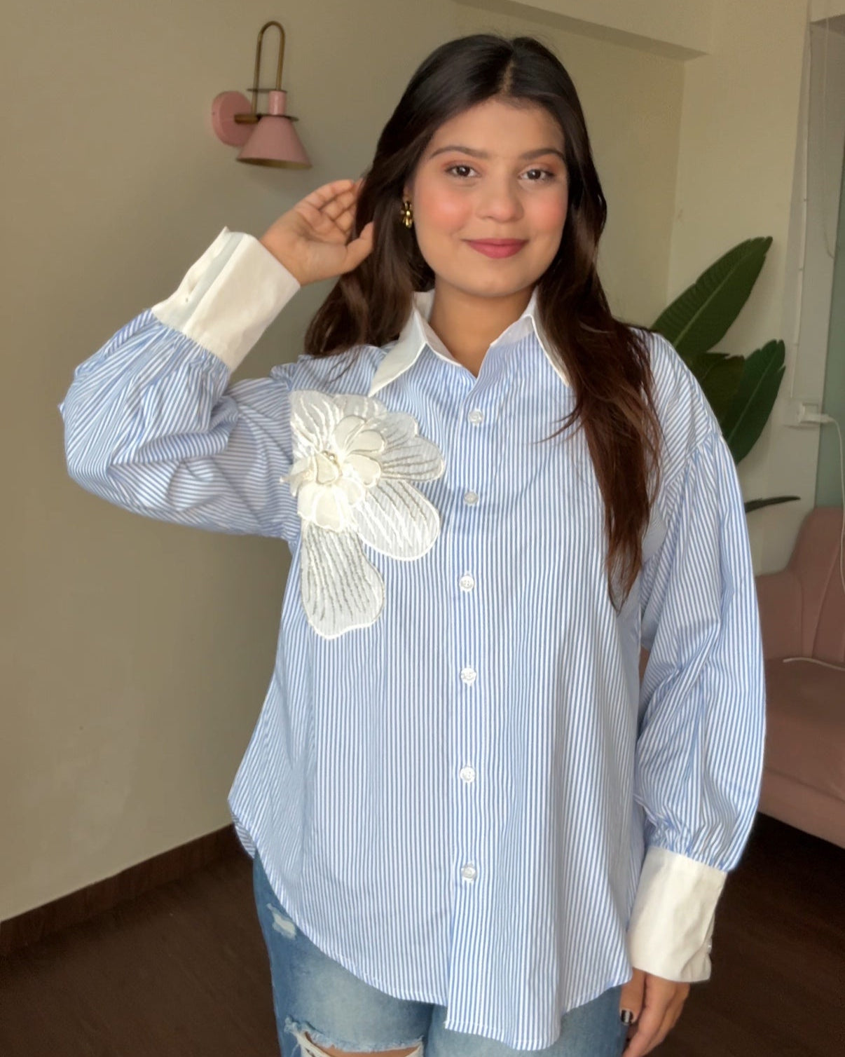 Pinstriped Oversized Balloon Sleeves Shirt With Flower Embroidered