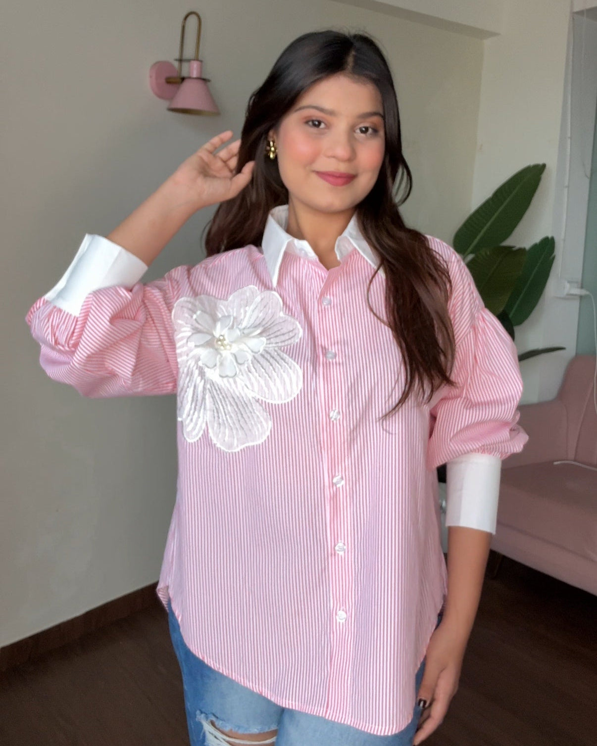 Pinstriped Oversized Balloon Sleeves Shirt With Flower Embroidered