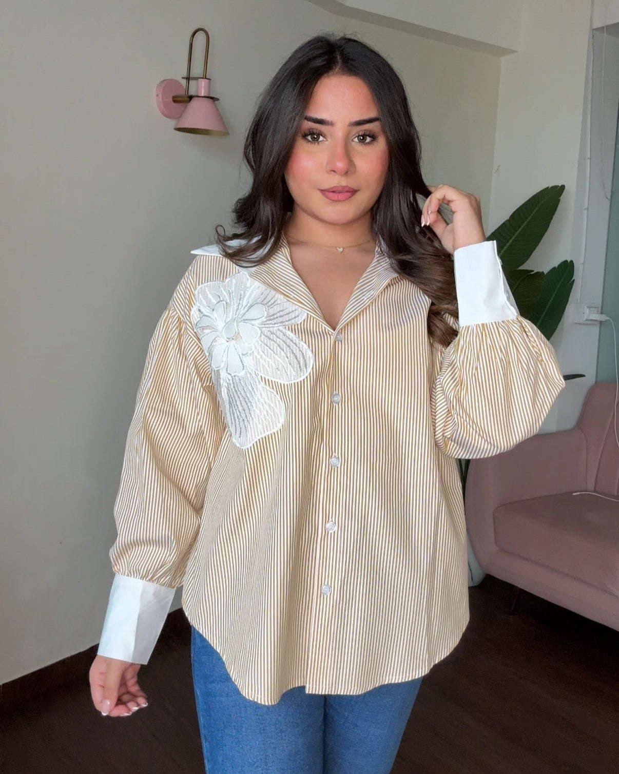 Pinstriped Oversized Balloon Sleeves Shirt With Flower Embroidered
