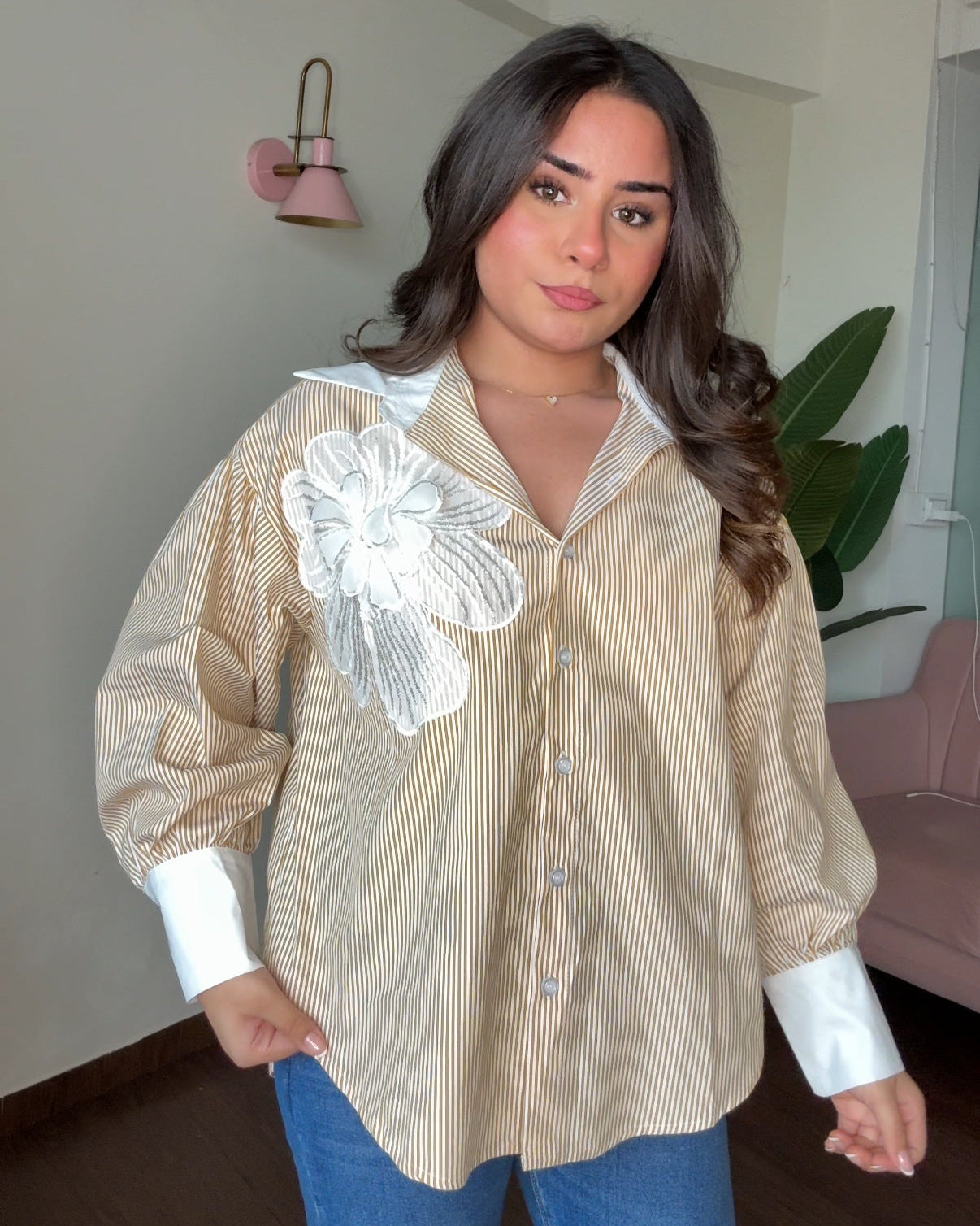 Pinstriped Oversized Balloon Sleeves Shirt With Flower Embroidered