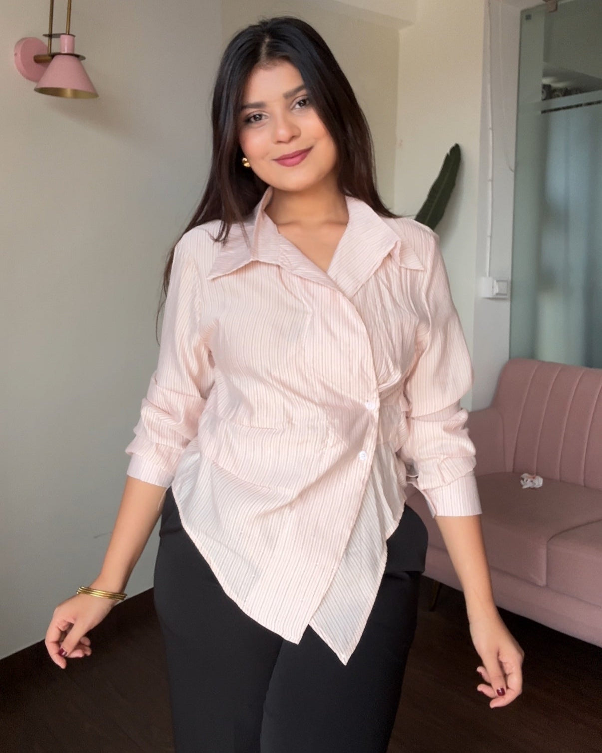Pinstriped Wrap Around Button Up Shirt