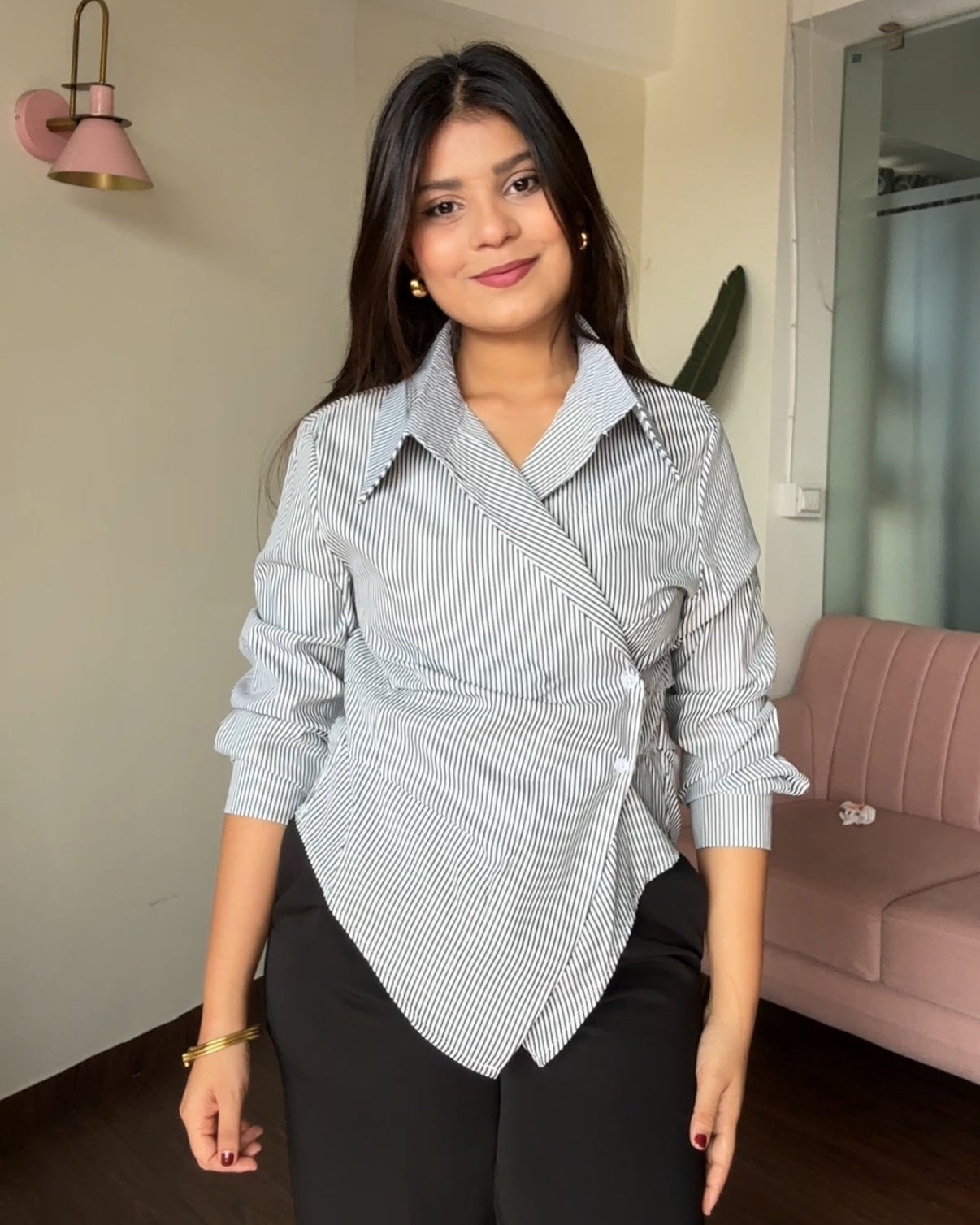 Pinstriped Wrap Around Button Up Shirt