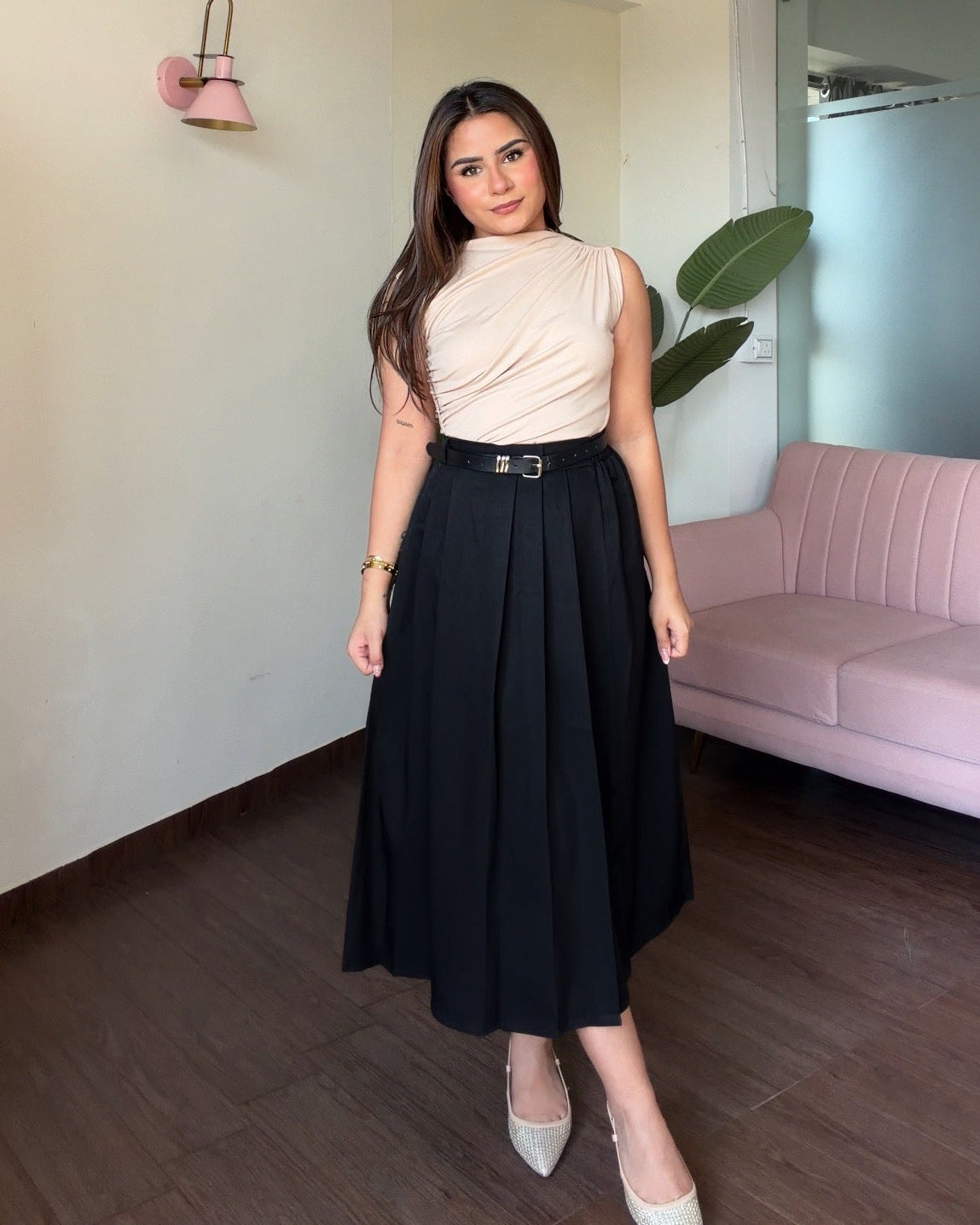 Pleated A Line Midi Skirt With Belt