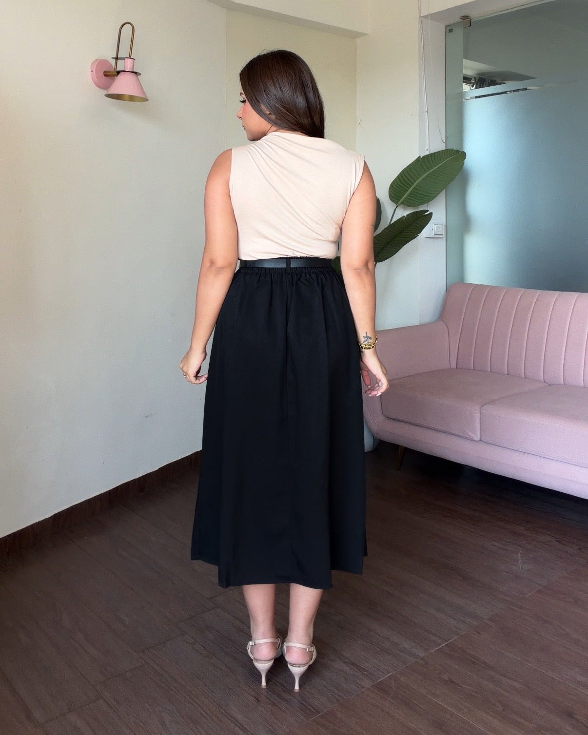 Pleated A Line Midi Skirt With Belt