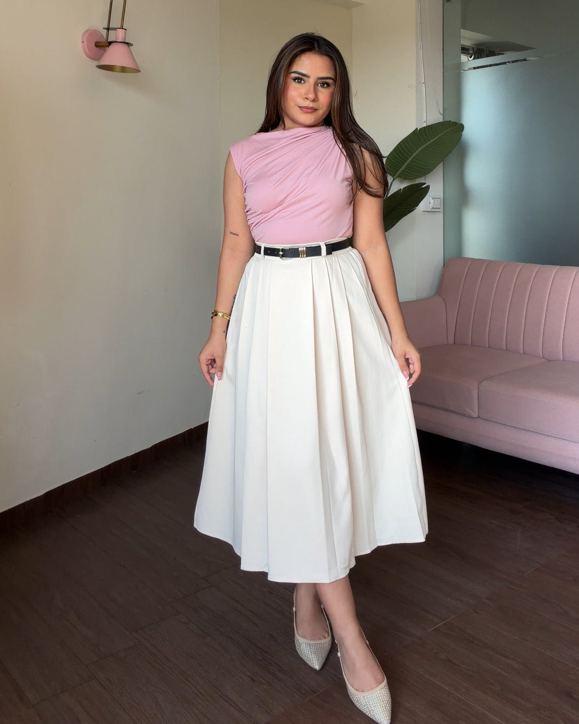 Pleated A Line Midi Skirt With Belt