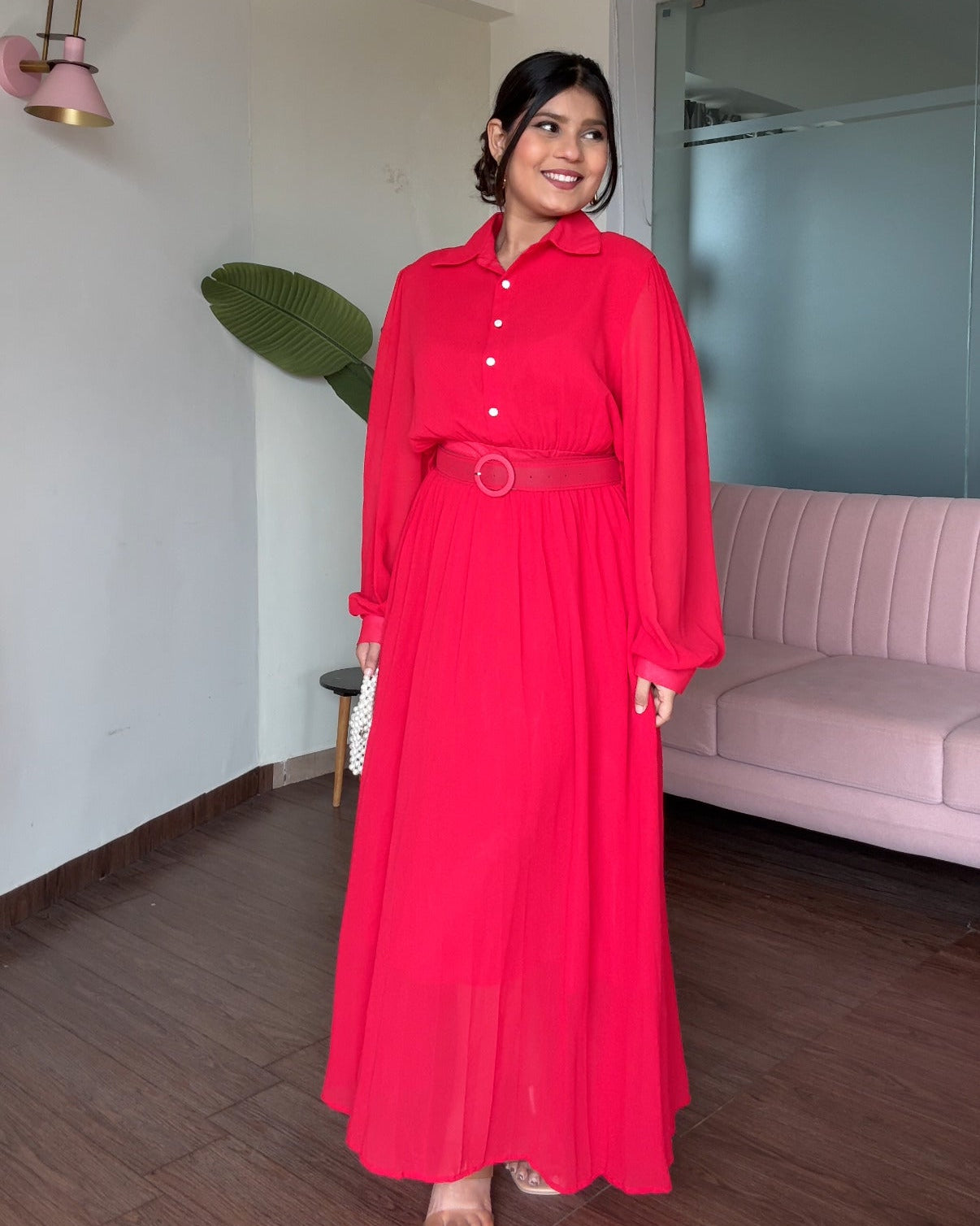 Pleated Shirt Style Midi Dress With Belt
