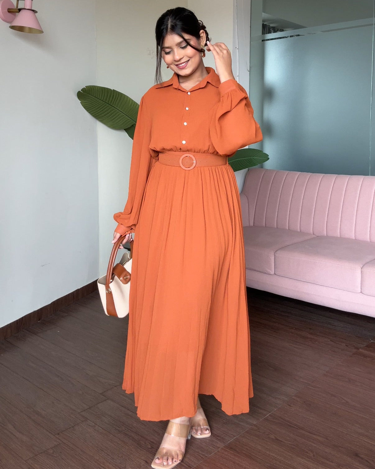Pleated Shirt Style Midi Dress With Belt