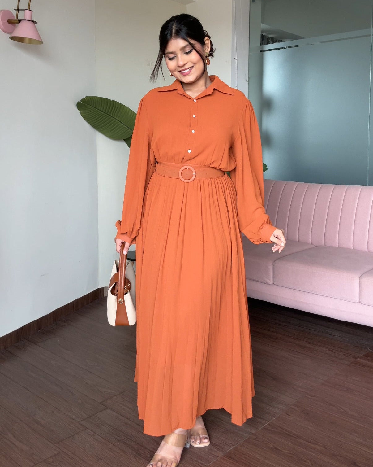 Pleated Shirt Style Midi Dress With Belt