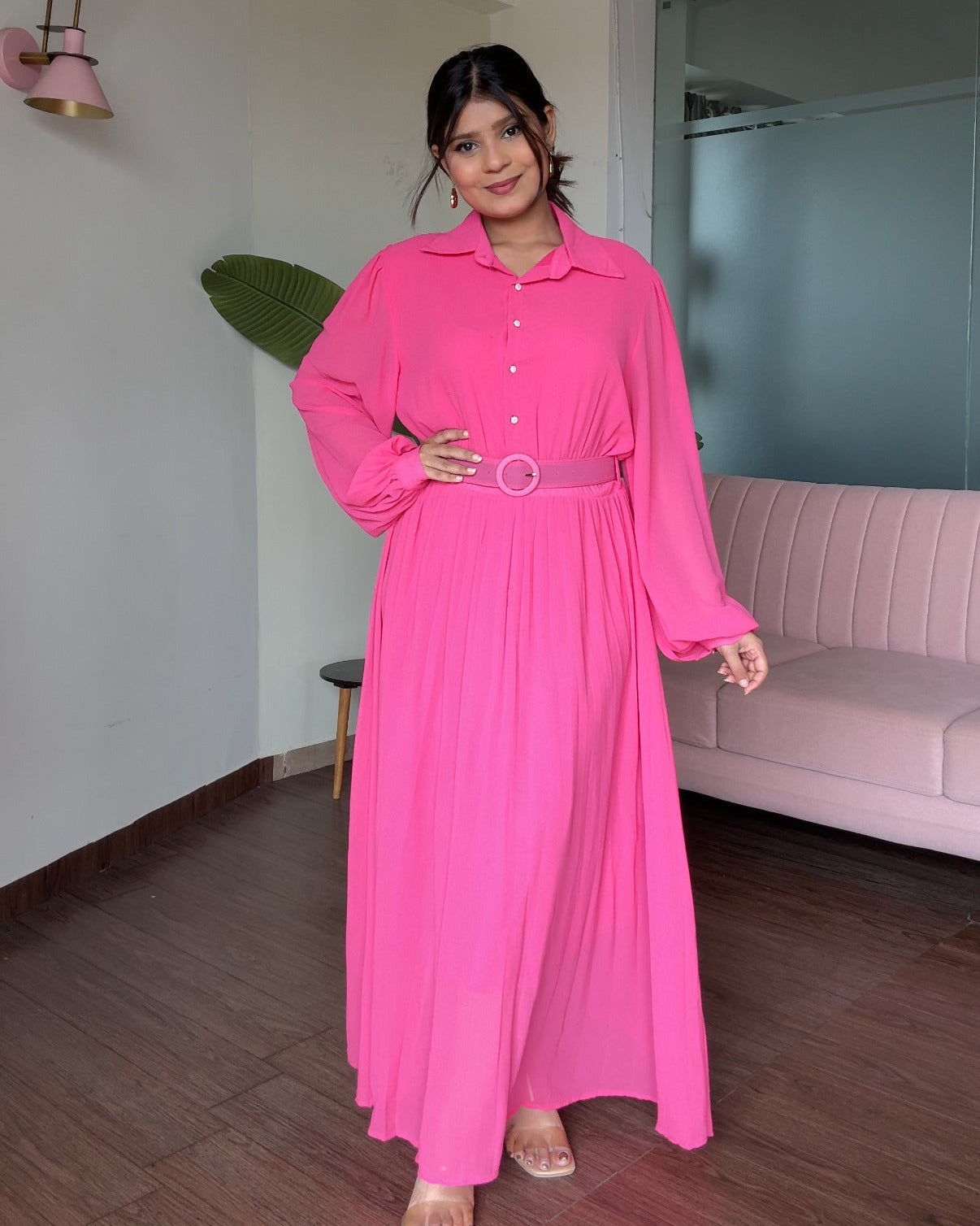 Pleated Shirt Style Midi Dress With Belt