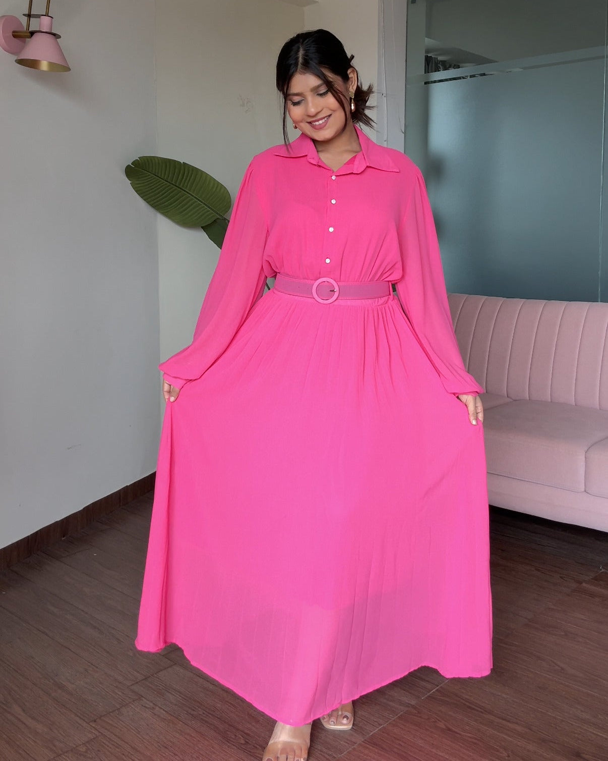 Pleated Shirt Style Midi Dress With Belt