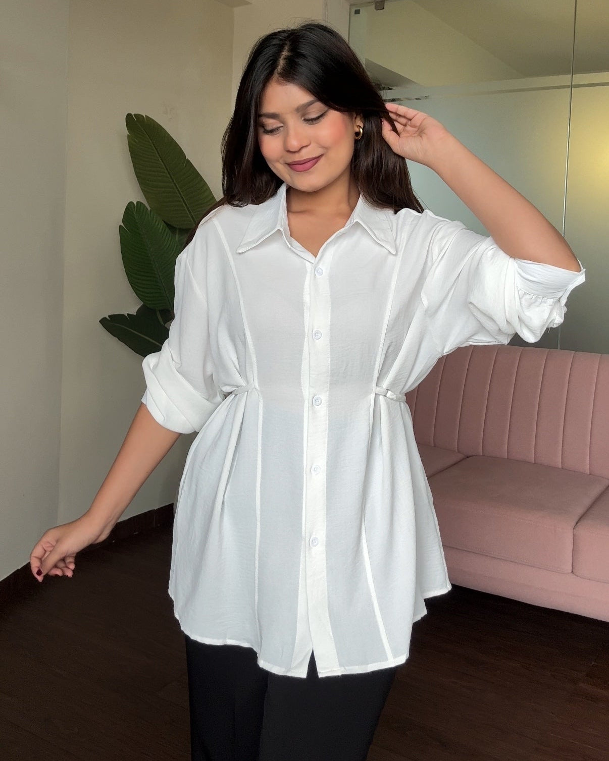 Plus Size Crepe Waist Adjustable Shirt
