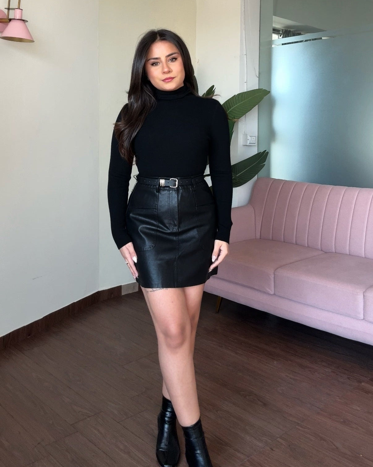 Pocket Detailing Mini Leather Skirt With Belt