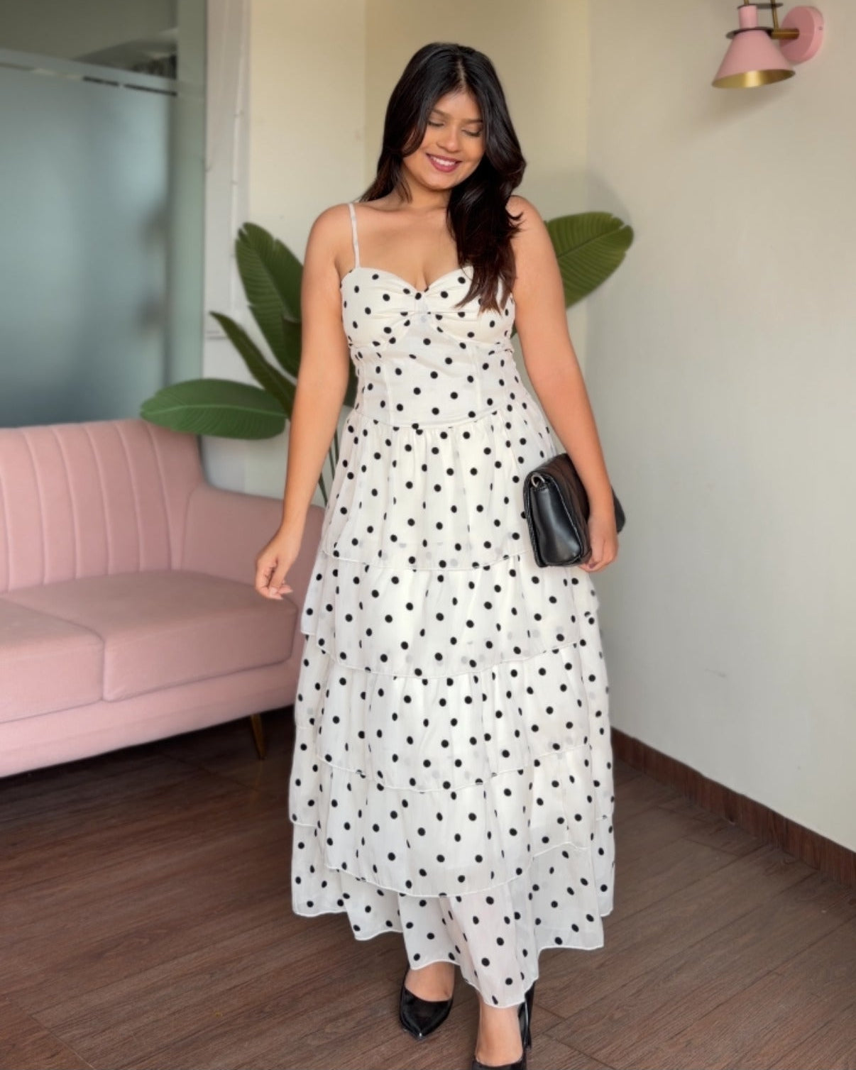 Polka Dot Flared Sweetheart Neckline Premium Chiffon Midi Dress