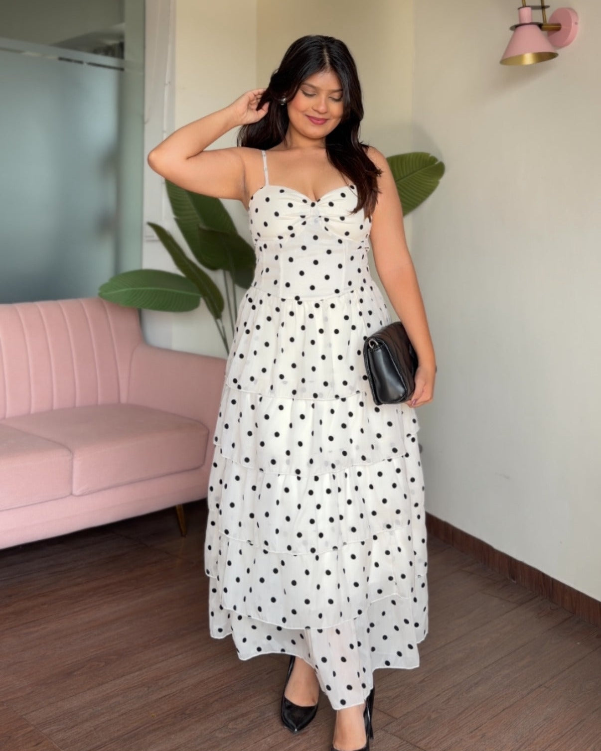 Polka Dot Flared Sweetheart Neckline Premium Chiffon Midi Dress