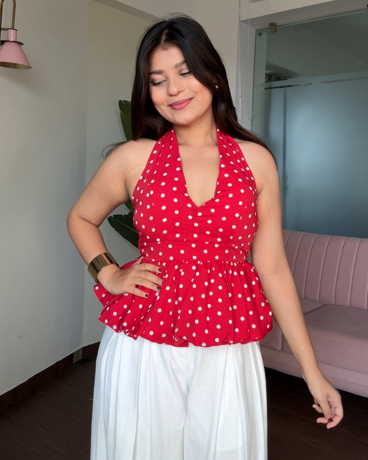 Polka Dot Halter Neck Padded Top