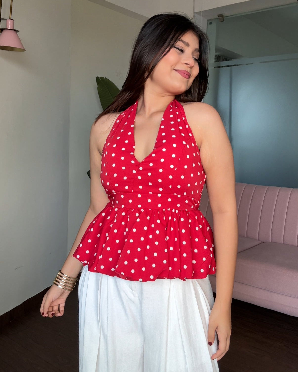 Polka Dot Halter Neck Padded Top