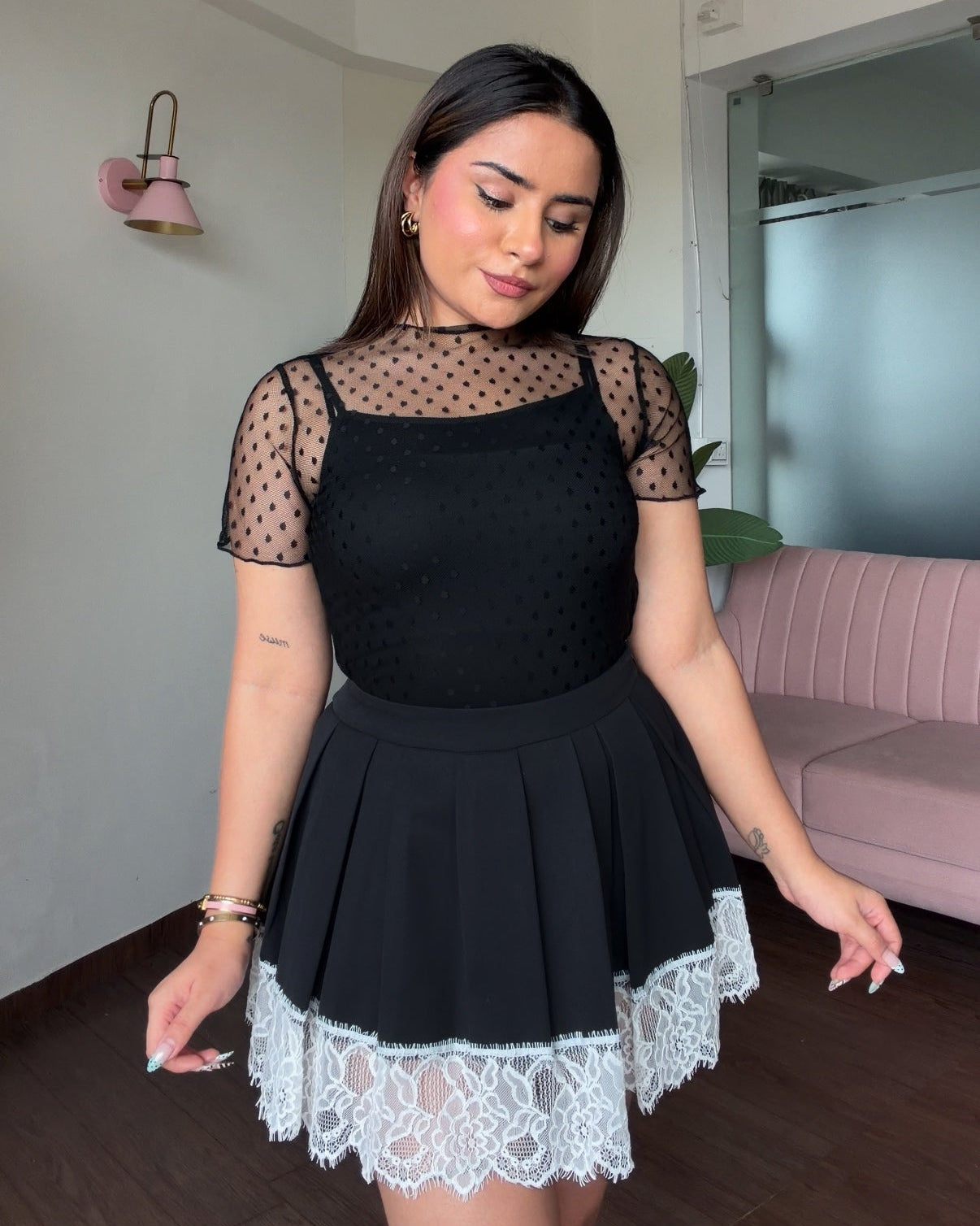 Polka Dot Mesh Detailing Top With Inner