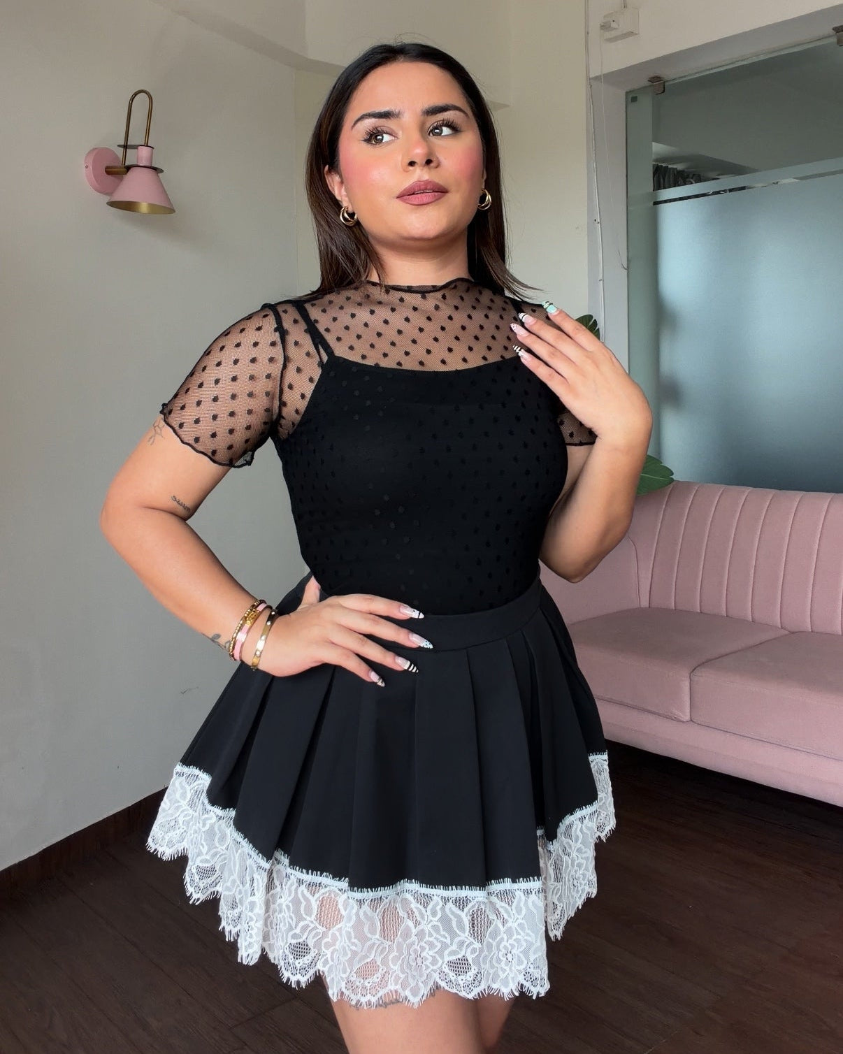 Polka Dot Mesh Detailing Top With Inner