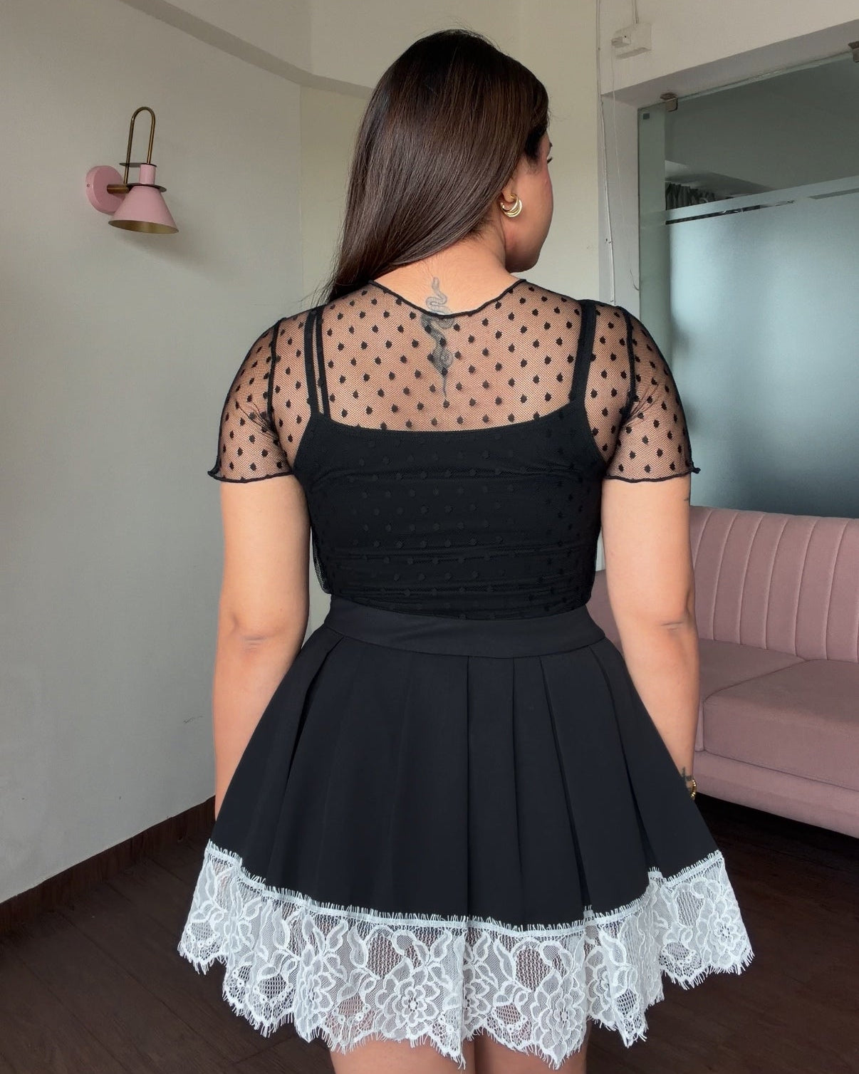 Polka Dot Mesh Detailing Top With Inner