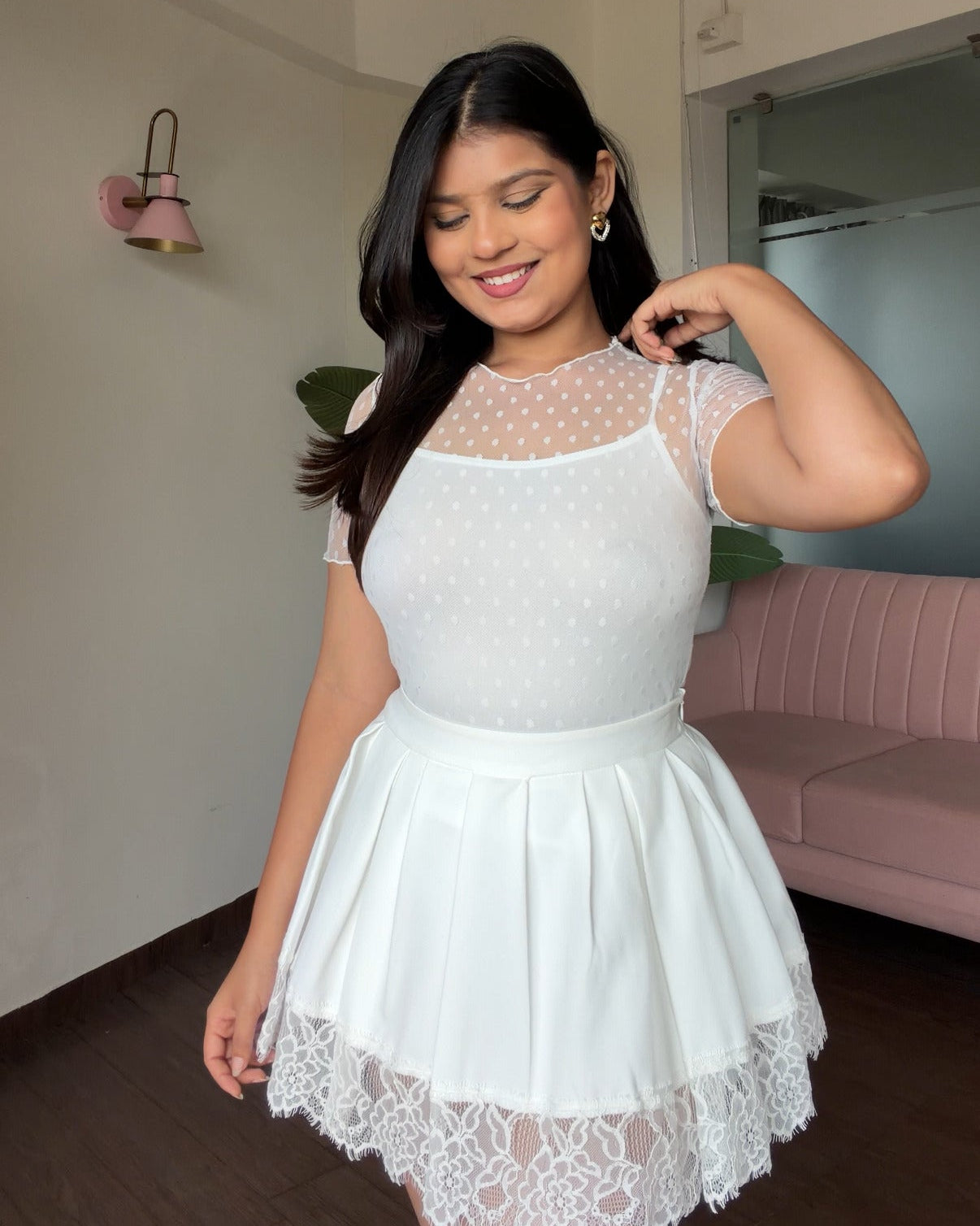 Polka Dot Mesh Detailing Top With Inner