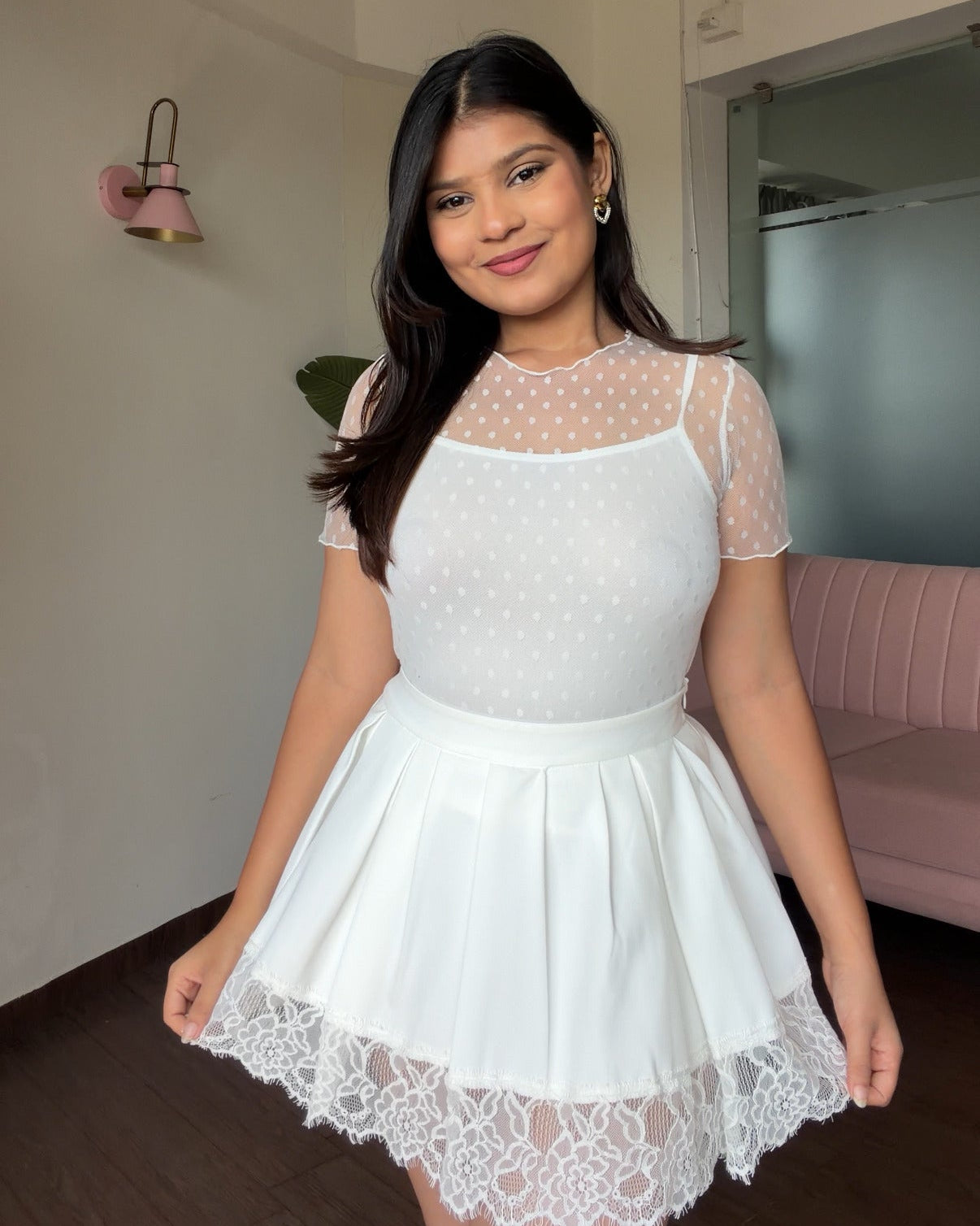 Polka Dot Mesh Detailing Top With Inner