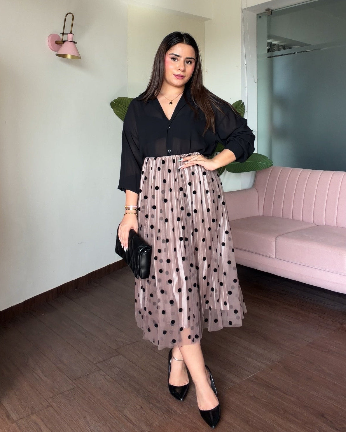 Polka Dot Net Midi Pleated Skirt