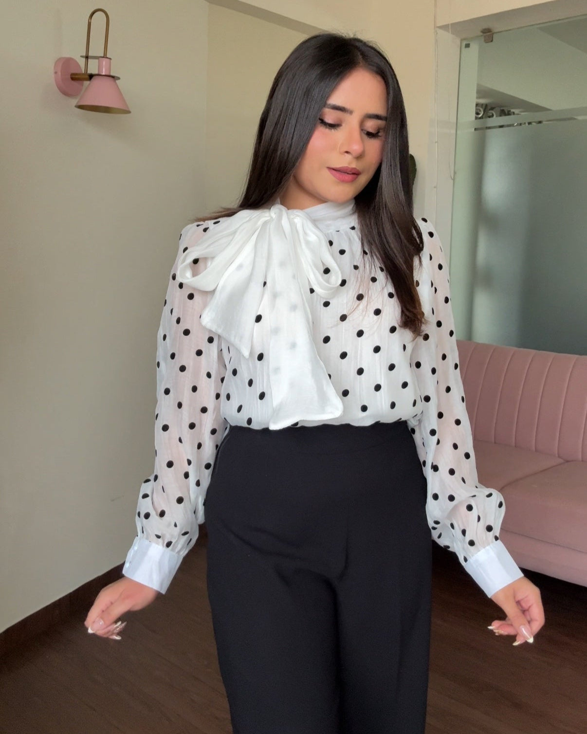 Polka Dot Tie Up Chiffon Top