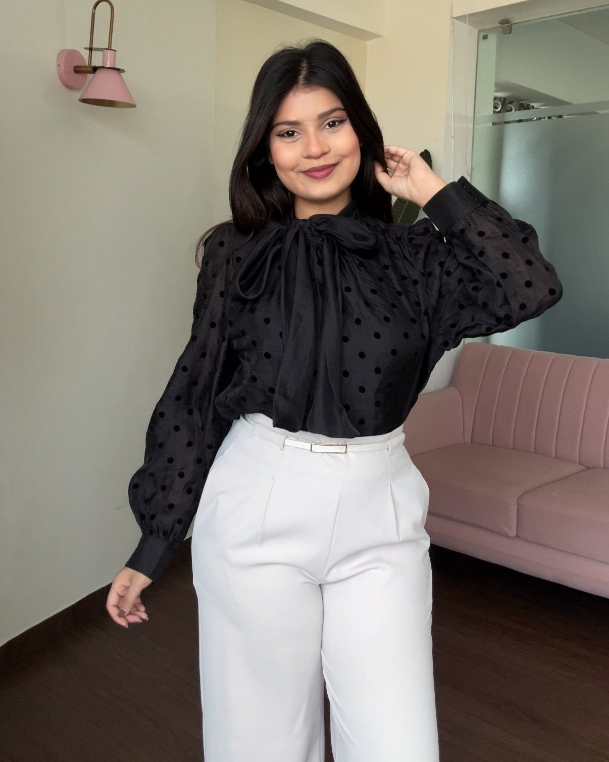 Polka Dot Tie Up Chiffon Top