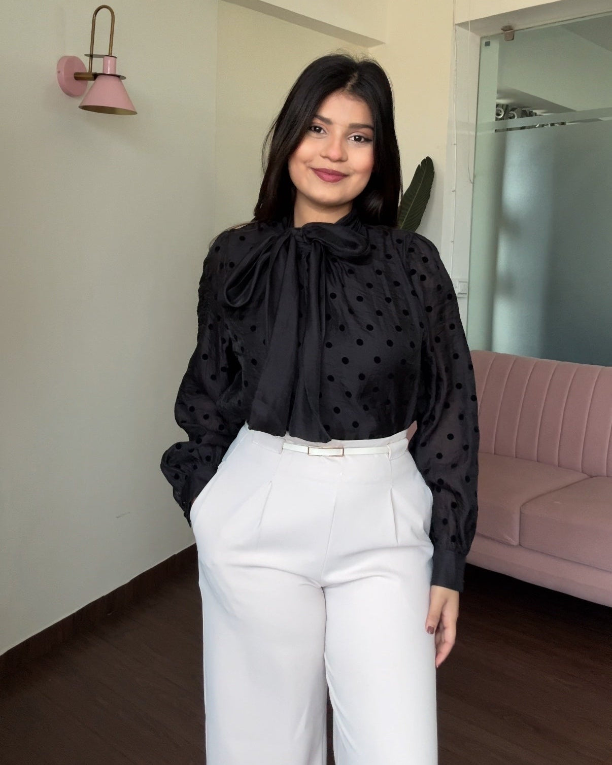 Polka Dot Tie Up Chiffon Top