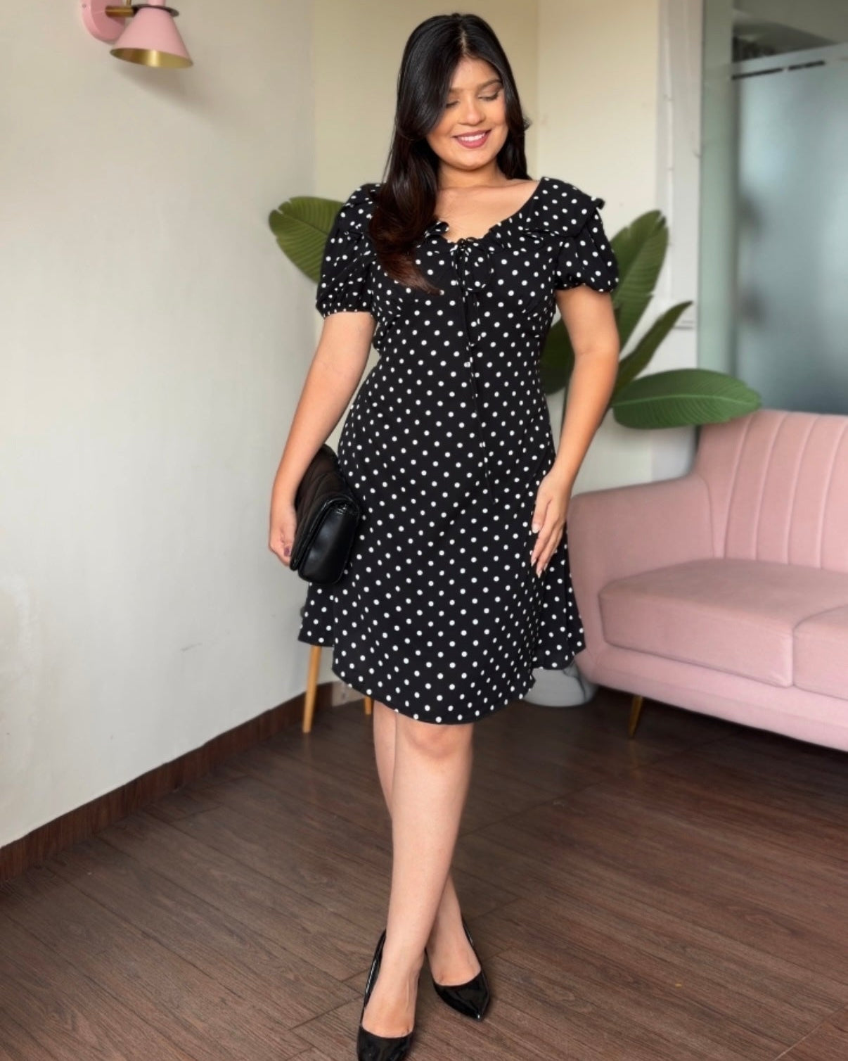Polka Dot V Neck Puff Sleeve Back Tie Up Detailing Mini Dress