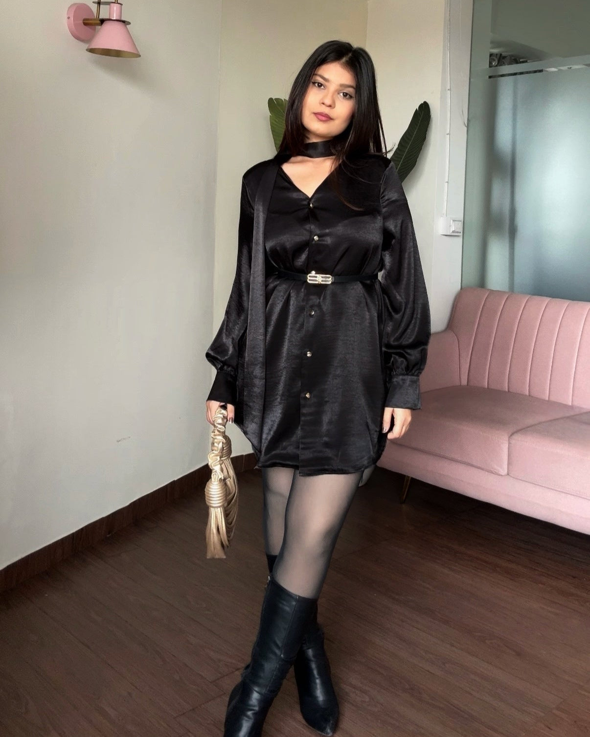 Premium Satin Mini Shirt Dress With Belt