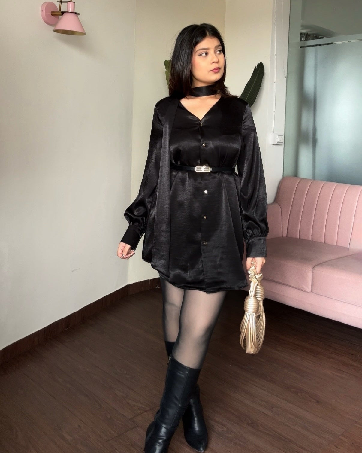 Premium Satin Mini Shirt Dress With Belt