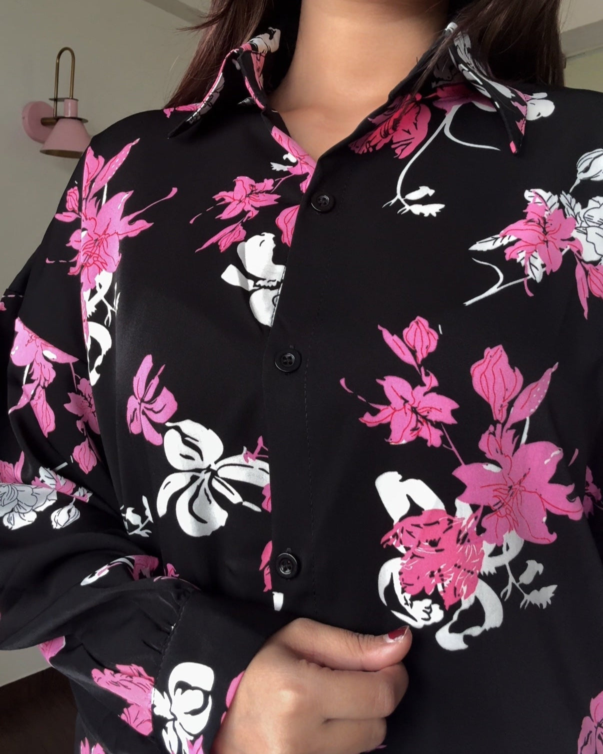 Printed Black Floral Crepe Full Sleeves Shirt