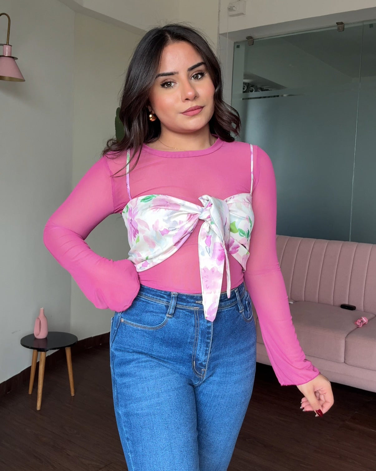 Printed Knot Top With Mesh Inner