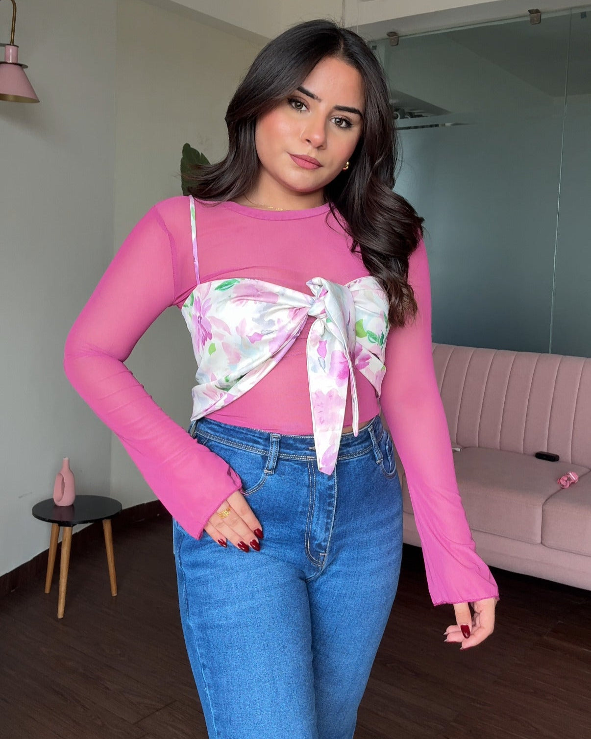 Printed Knot Top With Mesh Inner