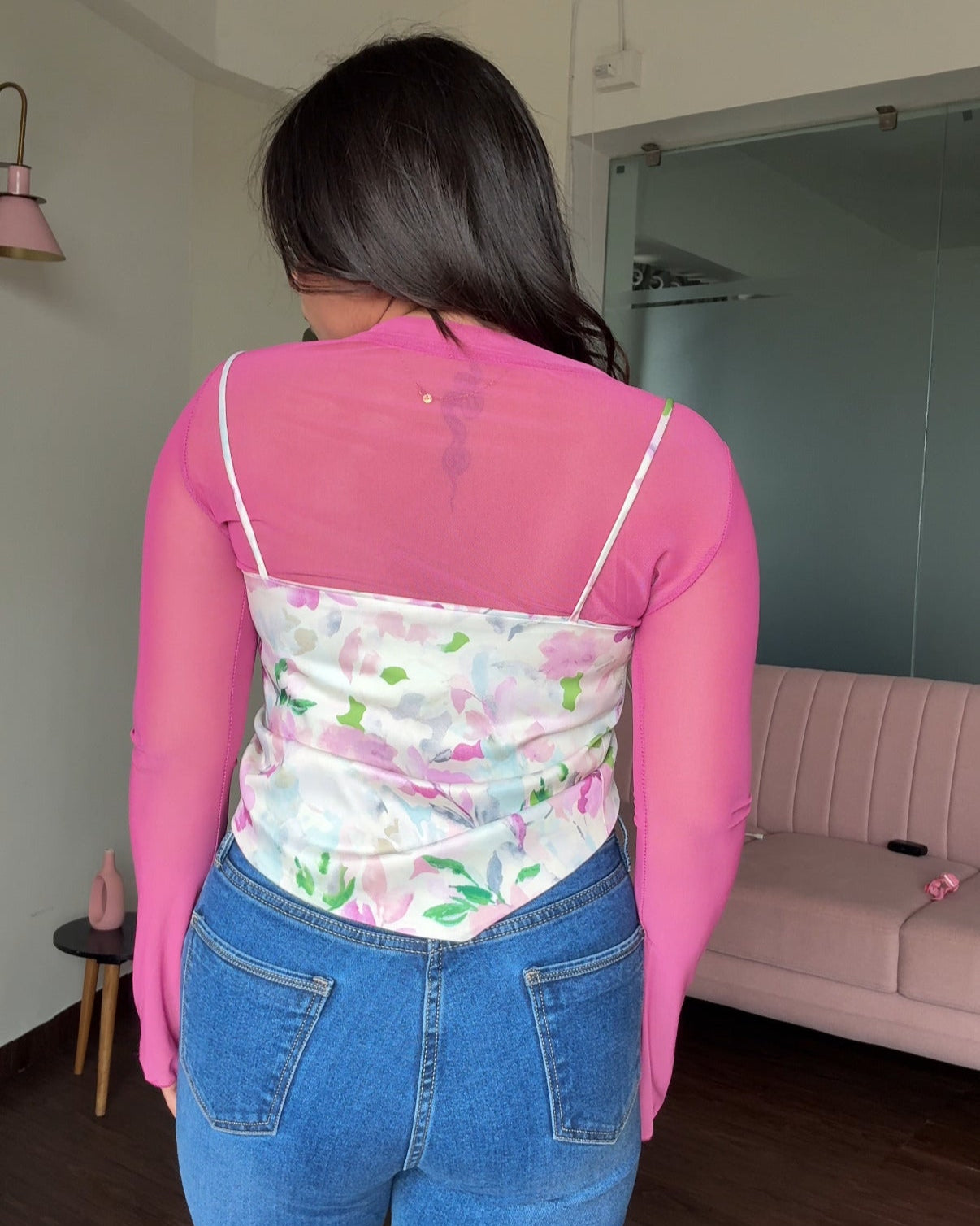 Printed Knot Top With Mesh Inner