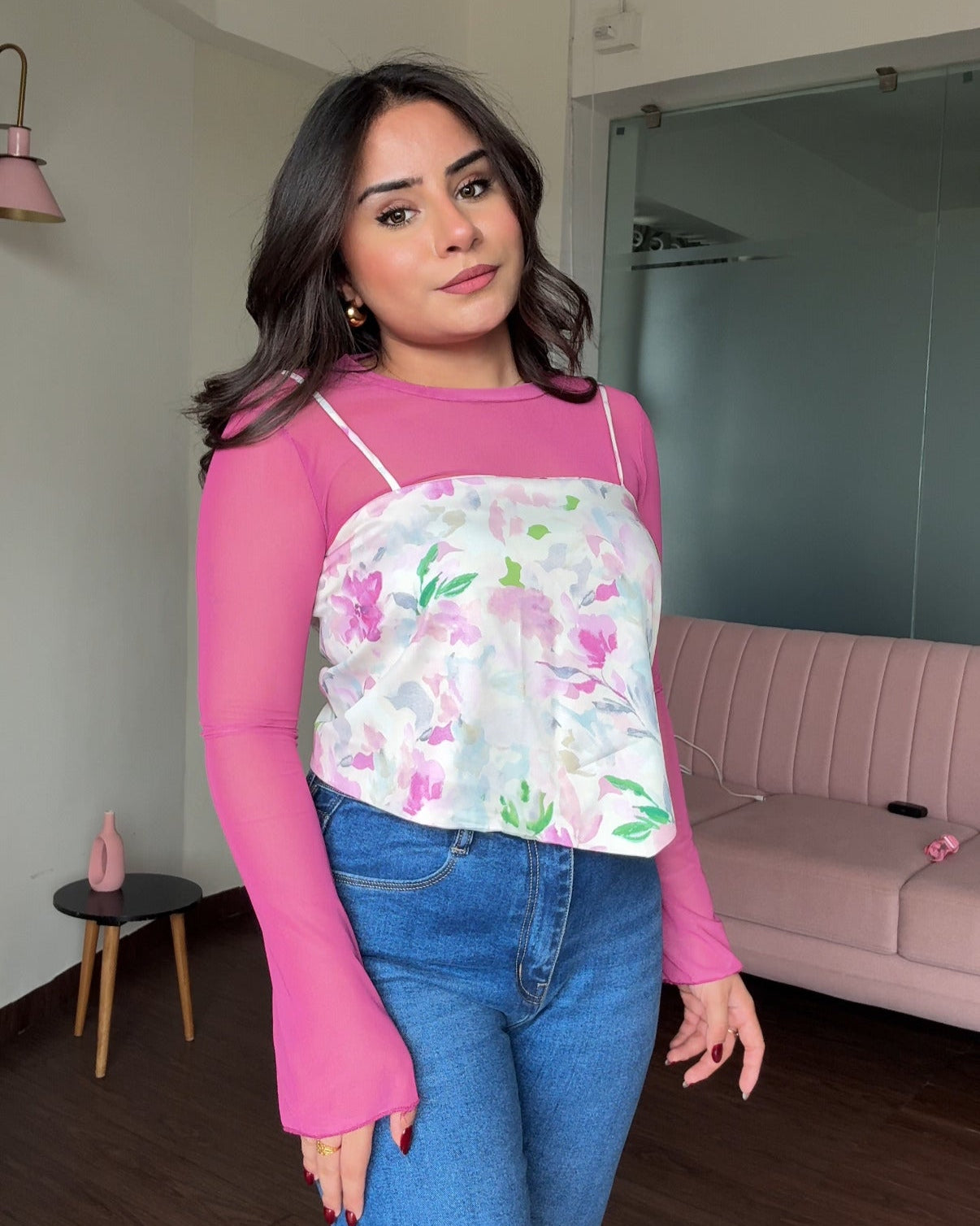 Printed Knot Top With Mesh Inner