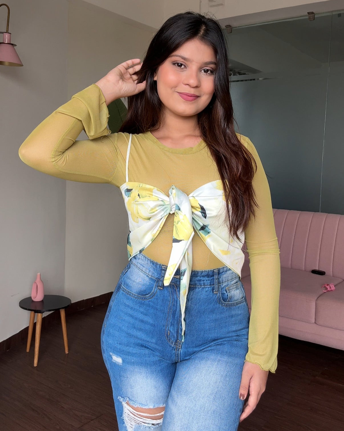 Printed Knot Top With Mesh Inner
