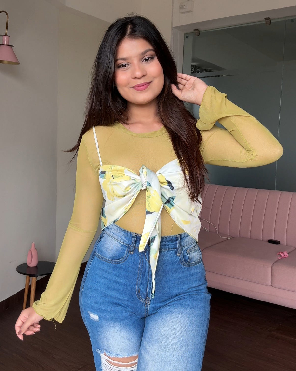 Printed Knot Top With Mesh Inner