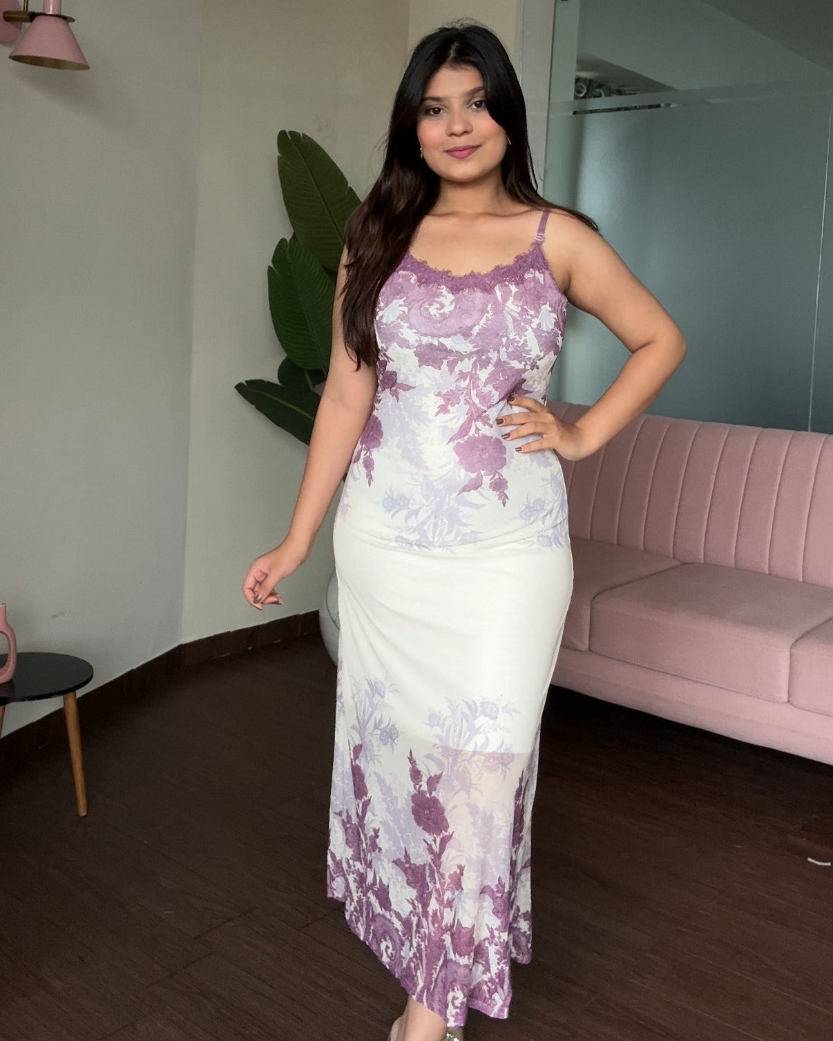Printed Lace Neckline Mesh Dress With Shrug